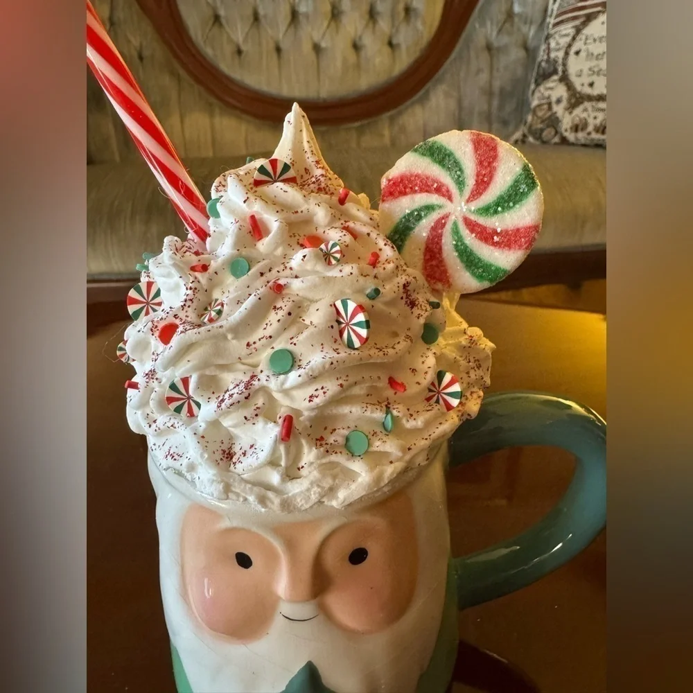 NEW OOAK Christmas Green Santa Faux Whipped Cream Mug Candy Decor